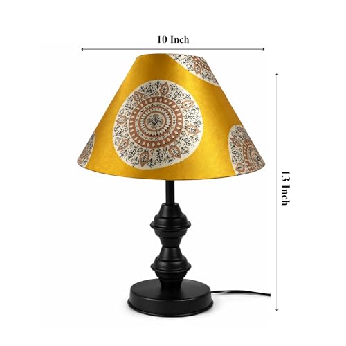 Image of tu casa Modern Table Lamp with Crimson Floral Satin Shade | Metal Iron Base Decorative lamp for Living Room| Home Decor, Designer Table Lamp for Gifting (Golden Mandala)