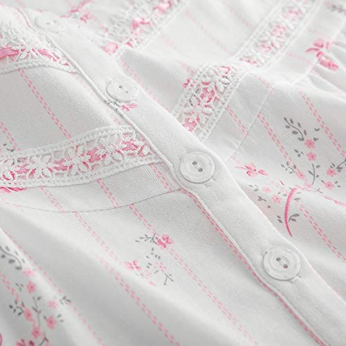 Keyocean Women Nightgowns, 100% Cotton Long Sleeve Long Women Sleepwear Nightdress, Pink Floral, Large