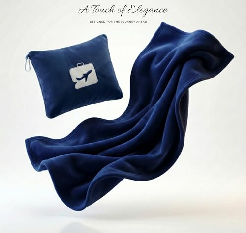 Image of VAS COLLECTIONS Travel Pillow Blanket 2-in-1, Ultra Soft Flannel Blanket with Carry Case, 65x40 Inches, Compact Portable Travel Blanket for Flights, Camping and Travel Comfort (Navy Blue)