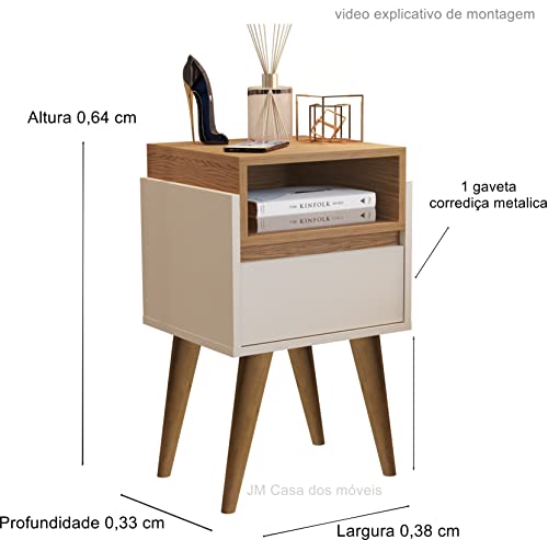 Kit 2 Mesas de Cabeceira Evora Pés Palito Off white/Nature - JM Casa dos Moveis