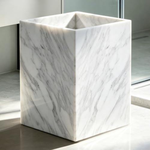 Image of 100% Natural Marble Bathroom Trash Can, 2.4 Gallon /9.2 Liter Small Trash Bin, Modern Natural Stone Garbage Can, Rectangular Waste Basket for Living Room, Bedroom, Office, Kitchen, Compact Space
