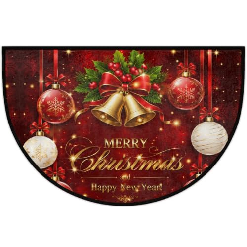 Image of Half Round Doormat Washable Kitchen Semi Circle Rug xmas Bell Holly ball