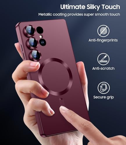 Image of DIZORO Samsung S23 Ultra case Compatible with Mag Safe Matte Luxury Metallic Luster Flexible TPU Shockproof Back Cover with Camera Protector Lens - Wine