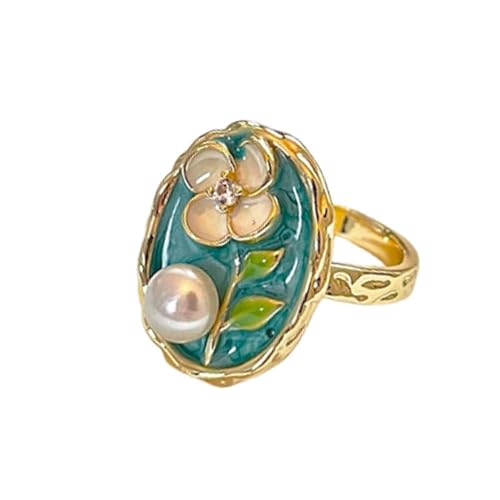 Bague Fleur Émaillée Pour Femme Anneau Vintage Ajustable Plaqué Or 14k Avec Perles Cristal Feuille Fleur Bijou De Mariage Ou Cocktail Style Bohème Unique...