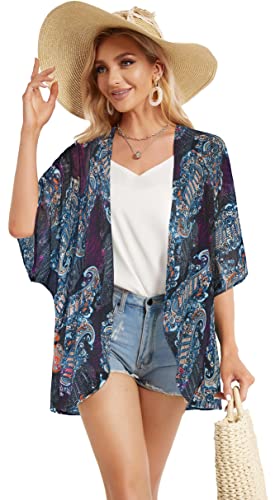 Womens Tops Floral Print Open Front Kimono Cardigan Casual Bikini Cover Up(Boho Purple,L) - Image 5