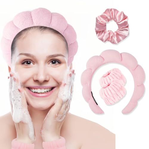 Diadema de spa gruesa acolchada para el cabello, Diadema Spa para Mujeres,con 2 Muñequeras y 1 Banda Elástica,para Mujeres y Niñas Lavado de Cara Cuidado de la Piel Maquillaje,Rosa