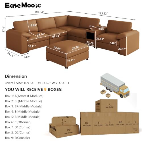 Image of EASE MOOSE Oversized Corner Modular Sectional Sofa with Ottoman, Faux Leather Sectional Sofa with Deep Seat, Scratch Resistant Faux Leather Material, Extra Large L Shaped Couch,Brown
