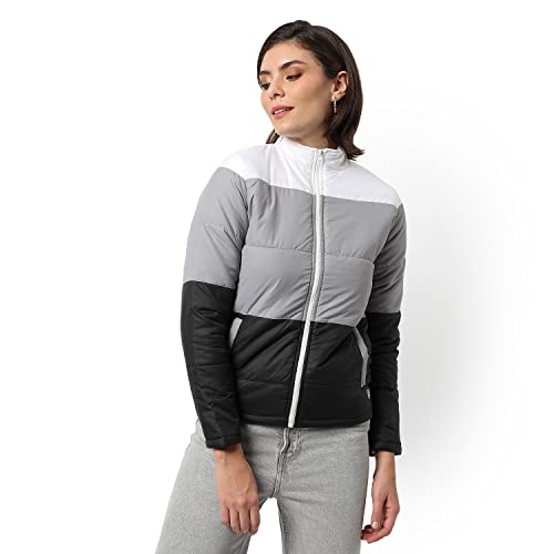 Image of Campus Sutra Women Grey Colour-Blocked Puffer Regular Fit Bomber Jacket For Winter Wear | Standing Collar | Full Sleeve | Zipper | Casual Jacket For Woman & Girl | Western Stylish Jacket For Women