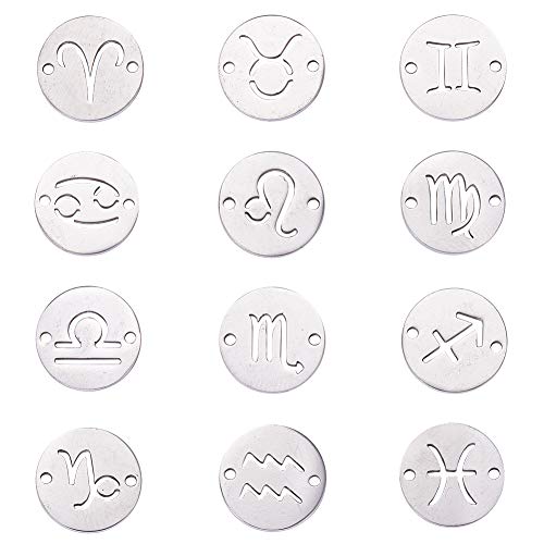 Airssory 12 Pcs Twelve Constellation Filligree Zodiac Signs Astrology Luck Charm 2-Holes Double Sides Links/Connectors Flat Round Shaped in Bulk for Jewellery Making