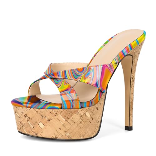 Image of Esvowido Heeled Mules for Women Cork Platform Stiletto Heels Slip on Open Toe High Heeled Sandals Crisscross Slippers Pumps Shoes