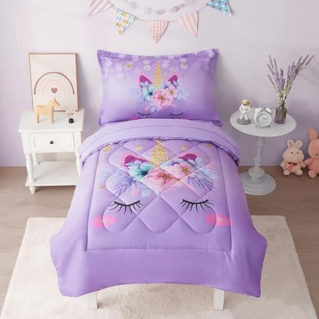 KINBEDY 4 Piece Unicorn Toddler Bedding Set for Girls - Purple Floral Cartoon Bed Comforter Set with Comforter, Fitted Sheet, Pillowcase