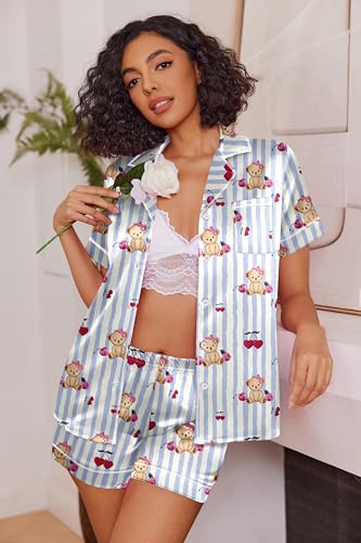 Image of Ekouaer Womens Satin Silk Pajamas Set Short Sleeve Sleepwear Button Down Top and Shorts Loungewear 2 Piece Pjs Set S-XXL