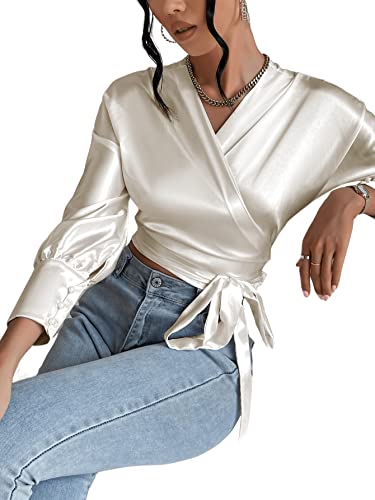 Verdusa Women's Elegant Dolman Sleeve V Neck Tie Front Wrap Crop Blouse Satin Shirt Top White L #TOP4