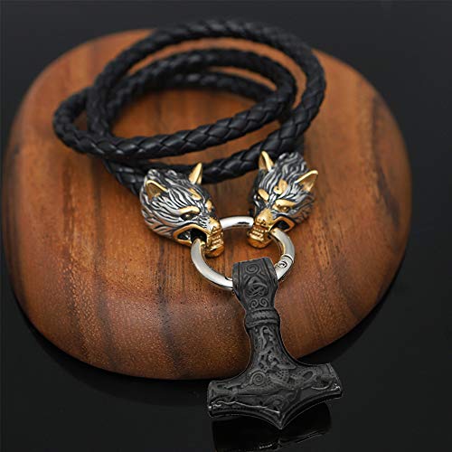 YCYR Viking Thors Hammer Halskette, Vintage Norse Mythology Mjolnir Amulett Anhänger, Herren Handgefertigte Geflochtene Leder Wolf Kopf Kette Schmuck,Schwarz,55CM