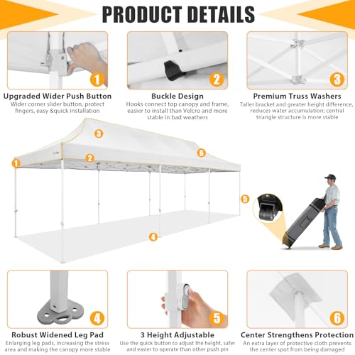 Image of HOTEEL 10x30 Heavy Duty Pop Up Canopy Tent for Parties Event Wedding Commercial Instant Canopy with Wheeled Bag, Party Tent Waterproof UV 50+&Windproof, Upgraded Thick Hexagonal Legs, White