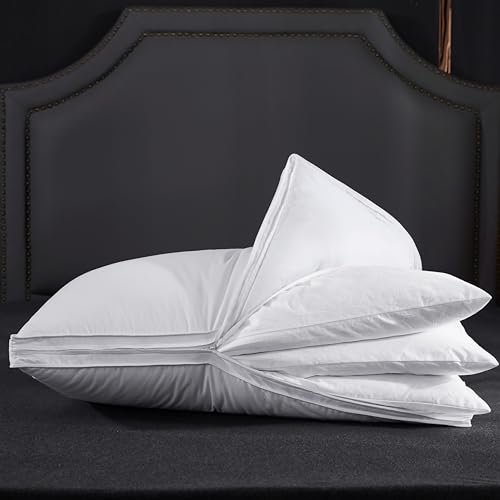 Three Geese Adjustable Layer Goose Feather Pillow Assemblable Bed Pillow 100% Soft Organic Cotton Cover Good for Side and Back Stomach Sleeper Queen Size Packaging Include 1 Pillow