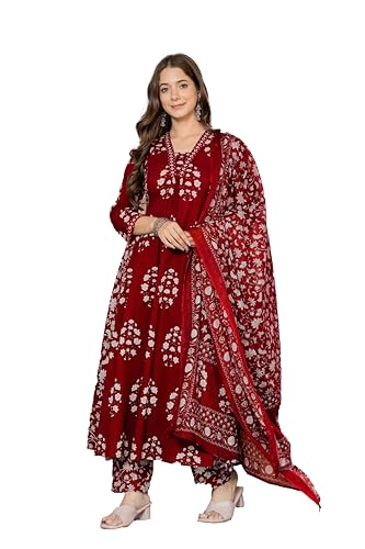 Image of PARTHVI Women's Pure Cotton Block Printed Ethnic Wear Kurta & Palazzo Pants & Dupatta Set
