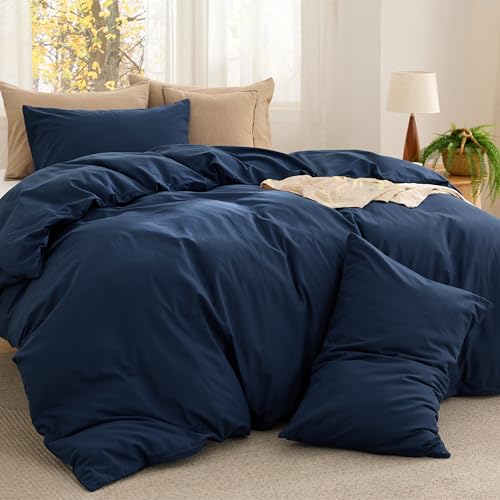 Image of Bedsure Comforter Set Queen Size - Cotton Fabric with Microfiber Inner Fill, Navy PureWoven Soft Bed Set for All Seasons, 3 Pieces, 1 Comforter (90 inch x 90 inch) and 2 Pillow Cases (20 inch x 26 inch)
