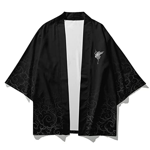 Image of DOSLAVIDA Men's Japanese Kimono Jacket Set Stylish Open Front Coat With Shorts Chinese Style Printed Cardigan Suit