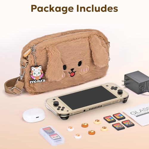 Image of innoAura Switch Lite Case 14-in-1 Accessories Bundle for NS Switch Lite (2019), with Protective Carrying Case, Game Holder, Screen Protector & Cute Thumb Grips, Brown Dog Plush Bag