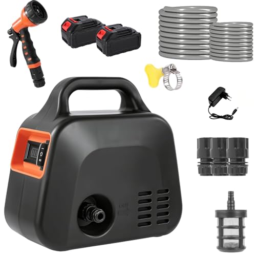 pompa dell'acqua per batteria, 600 l/h pompa elettrica autoadescante senza fili con 2 batterie, regolazione a 2 marce, pompa da giardino elettrica con ugello 7 in 1 per casa, piscina, camper, giardino