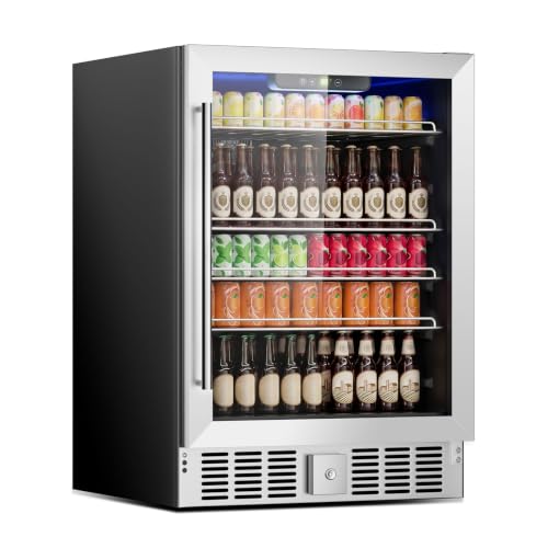 Image of DOGHLY 24 Inch Wine and Beverage Refrigerator, 182 Cans Built-in Cooler with Glass Door, Digital Temperature Control, LED Lighting, Adjustable Shelves, Freestanding Beer Fridge for Home, Bar, Office