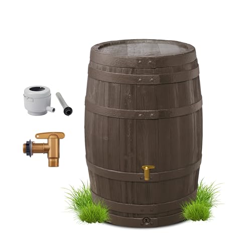 4rain VINO Regentonne Set 250 Liter Holzoptik – Regenfass/Wassertank mit Hahn + Fallrohranschluss – Frostsicherer Regenwassertank/Regenwassertonne – Wassertonne für Garten –Wasserfass Braun