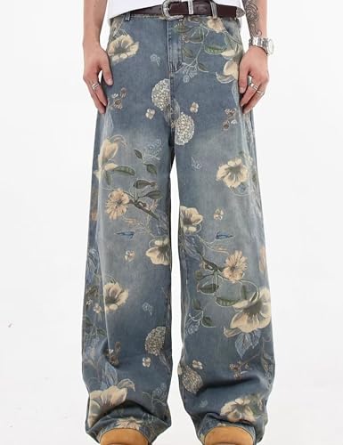 Y2k Baggy Jeans Men Flower Print Graphic Jeans Harajuku Wide Leg Boyfriend Denim Pants Streetwear3