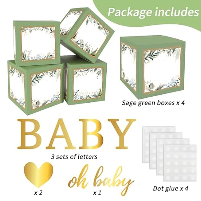 RUBFAC Sage Green Baby Boxes with Letters for Baby Shower, 4pcs Safari Baby Shower Decorations for Boy Girl Balloon Boxes Gender Reveal Birthday Party Favors