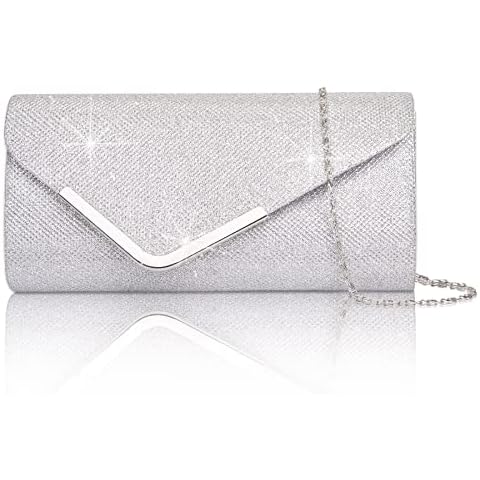 Larcenciel Women's Clutches, Shiny Sequins Evening Bags with Detachable Chain, Envelope Handbags for Ladies, Elegant Cross Body Shoulder Bags Purses Wallet for Women Bridal Prom Party Wedding, Silver Cover
