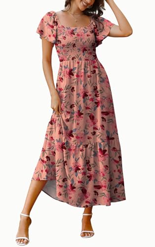 Image of OFEEFAN Summer Dresses for Women Square Neck Ruffle Sleeve Smocked Maxi Dress with Pockets