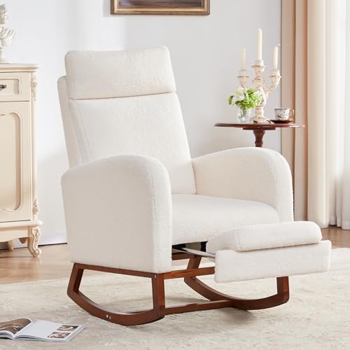Image of AYEASY Rocking Chair Nursery Chair with Foot Rest, Glider Rocking Chair with Pocket, Nursery Rocking Chairs with High Back, Baby Nursery Glider Rocker, Nursing Chair Accent Living Room (Teddy, Ivory)
