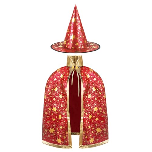AYBUY Kinder Halloween Kostüm, Zauberer Kostüm Kinder, Wizard Cape Witch Umhang mit Hut, Kinderkostüm Hexenhut Faschingskostüm für Karneval Fasching Cosplay Junge Mädchen, Rot
