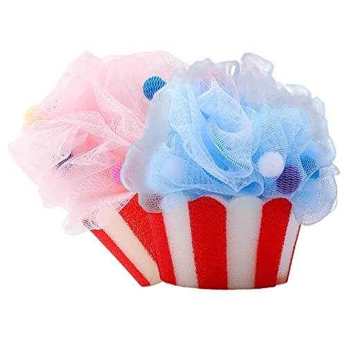 WOONEKY 2個氷淇淋形状バスボール 泡立てネット付きバススポンジ 女性用シャワーバス用品 背中洗浄対応 泡豊富 省力クリーニング 紐付き収納簡単