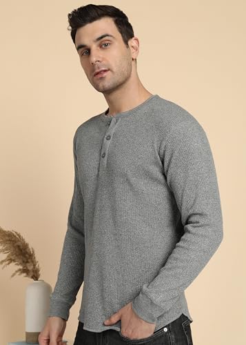 Image of Alan Jones Clothing Men's 100%Cotton Regular Fit Waffle Henley Neck Long Sleeve T-Shirt