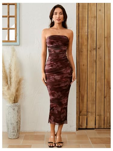 Image of Milumia Women's 2026 Summer Floral Strapeless Tube Top Dresses Side Slit Wedding Guest Bodycon Maxi Dress