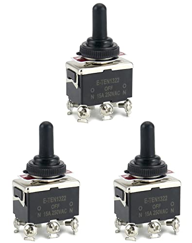 QWORK® Conmutador de Palanca, AC380V 15A / AC250V 10A, interruptor de 3 Posiciones 6 Pin ON-Off-ON con tapa negra impermeable, 3 piezas
