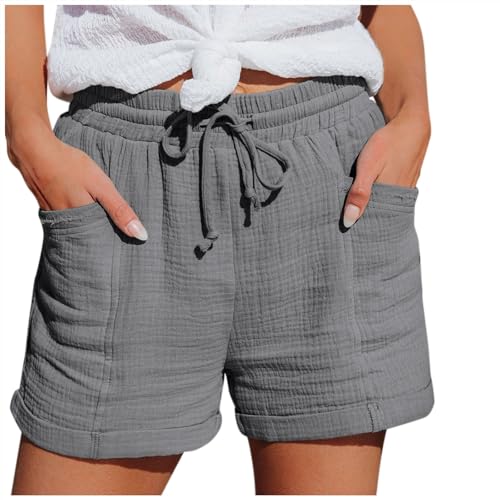 Womens Linen Shorts for Women Drawstring Casual Summer Cotton Beach Vacation Pull On Elastic High Waist Pants with Pockets