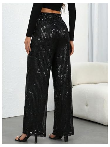 WDIRARA Women's Sequin Sparkle Pants Elastic Waist Wide Leg Party Club Trousers3