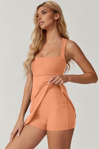 Image of QINSEN Womens Square Neck Tennis Dress Sleeveless Built in Shorts Golf Athletic Dress with Pockets