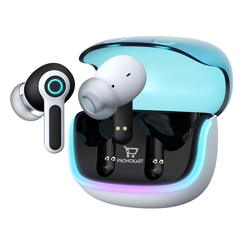 Image of Phonokart KIRA TWS Bluetooth V5.4 Earbuds with Quad Mic ENC, RGB LED Gaming Mode, 70H Playtime, Type-C Fast Charging, Touch Control Wireless Earbuds with 500mAh Battery (White)