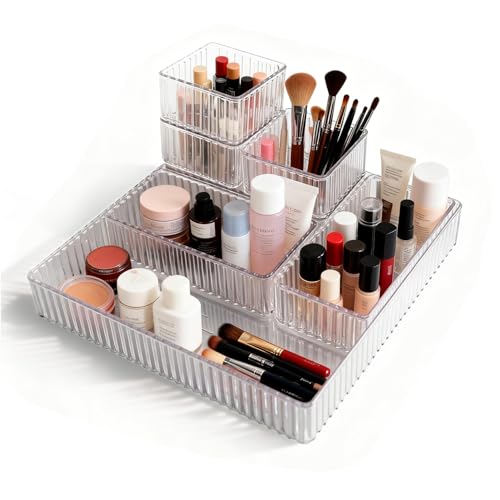 Clear Drawer Organizers Bins: 7 PCS Stackable Makeup Drawer Organizer Trays 3 Size Plastic makeup divider Drawer Storage Containers Drawer Dividers for for Vanity Bathroom Desk Office Bedroom
