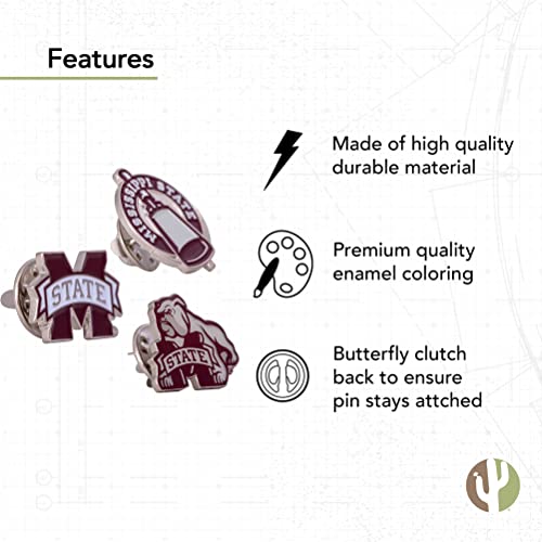 Image of Desert Cactus Mississippi State University Lapel Pins 3 Pack Bulldogs MSU Logo Enamel Made of Metal (Pin Set)