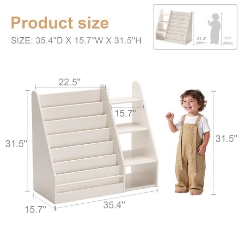 Image of Solid Wood Kids Bookshelf and Storage Organizer, 7 Layer Children Bookcase, Baby Toddler Wooden Book Shelf, Display Cabinet for Playroom, Bedroom, Classroom, Nursery, School, White