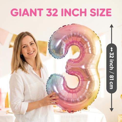 Image of YPSelected 32 Inch Large Foil Helium Number Balloon Birthday Wedding Party 0-9 (Rainbow, 3)