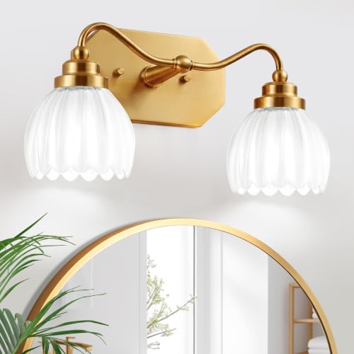 Image of Vintage Gold Vanity Lights, 2 Light Milk White Tulip Crystal | Antique Brass Finish, Brushed Gold Bathroom Light Fixtures, Wall Sconce Ideal for Bedroom, E26 Compatible, Easy Install