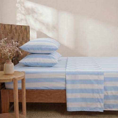 Image of Merryword Blue and White Striped Sheet Set Queen Size - 100% Cotton Striped Bedding 4 Pieces, Soft Breathable Percale Weave, 17.5 inch Deep Pocket, Luxury Linen Like, All Season Comfort