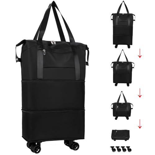 Collapsible Duffle Bag with Wheels - Expandable Luggage with Detachable Rollers - Waterproof, Dustproof, Scratchproof Polyester & Oxford Fabric - 65L Travel Bag with Adjustable Back & Shoulder Straps