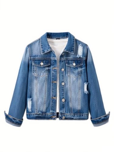Ripped Jean Jacket for Girls Denim Jackets Classic Long Sleeve Button Down School Trendy Fall Outerwear with Pockets