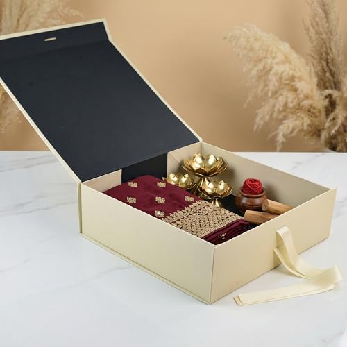 Image of RBS-LARGE Ribbed Texture Gift Box (34x33x10cm) Empty Gift Box for Packing (1 Pack) Hamper Box for Gift Holds Upto 10 kg Elegant Ivory Packaging Box for Return Wedding Gifts All Occasions(Ivory Crest)